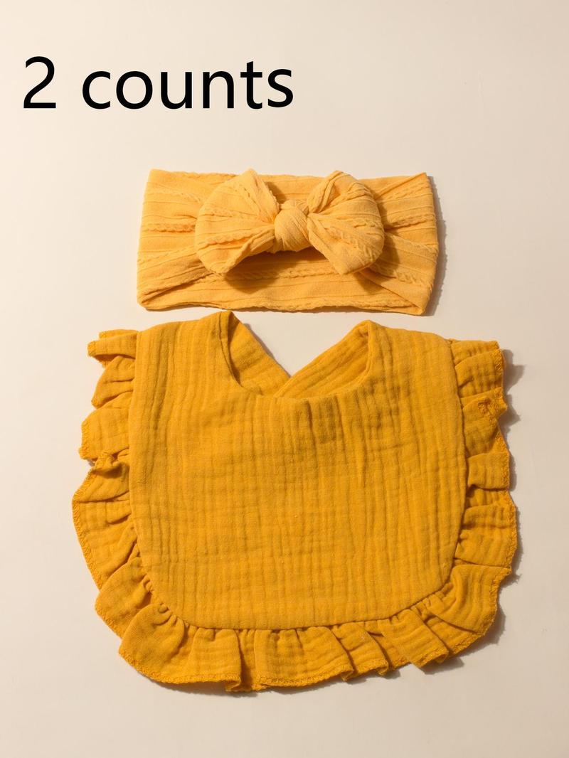 Product Introduction of Baby's Solid Color Ruffle Trim Bib & Textured Hair Band Set, Cute Baby Bib & Bow Decor Hair Band, Baby Accessories for Daily Wear 0