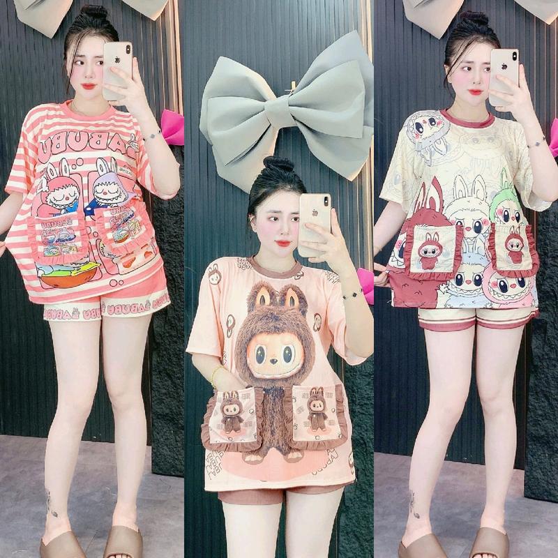 Sét Bộ Hình 3D Dễ Thương Chất Thun Tăm Lạnh Áo Form Rộng Tay Ngắn Phối Túi Nơ Kèm Quần Đùi RẺ ĐẸP CAO CẤP Top Nữ Women