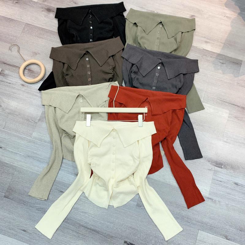 nhatran - Áo len nữ tay dài trễ vai from ôm cúc cài phía trước nhún eo phối lá cổ Top Women