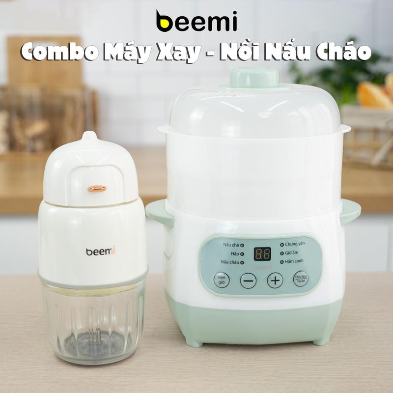 Combo máy xay ăn dặm Beemi 8 lưỡi dao, dung tích 300ml và nồi nấu đa năng kèm xửng hấp cho bé Voi Kem