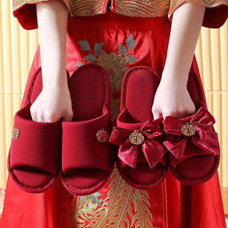 DMOE  Dép Lê Màu Đỏ, Dép Đám Cưới, Dép Phòng Ngủ Trong Nhà, Thiết Kế Thắt Nơ, Đồ Trang Trí Tinh Tế DéP Nữ rạm  đám phụ  kiện rạm  đám organ  đám câu  đối phukien  tet Shoes Nhung GiàY