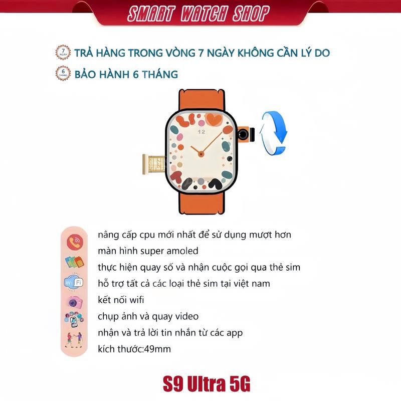 Đồng Hồ Thông Minh S9 Ultra 5G - Kết Nối Wifi, Tải Ứng Dụng, Lướt Web, Chơi Game, Gắn Sim Nghe Gọi, Nhắn Tin 2 Chiều Màn Hình.