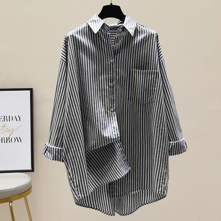 Product Introduction of [Frsud] pure cotton striped printed shirt, women's loose, long sleeve, simple casual style, half-length cardigan shirt, suitable for women, new in 2024 XL [211rx royal blue] blouse & shirt 6