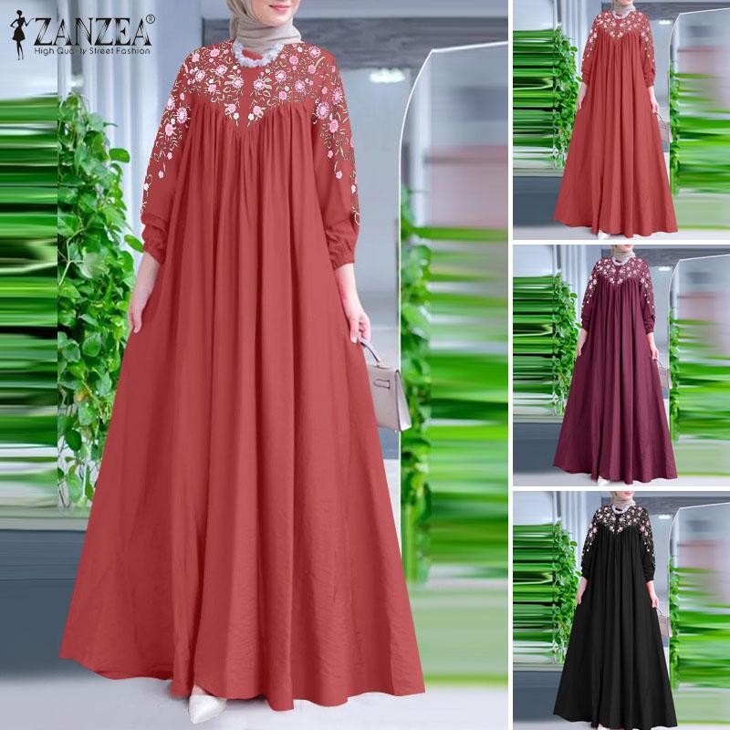 Váy Chữ A, ZANZEA, Dành Cho Phụ Nữ Hồi Giáo, Váy Đi Nghỉ Mát, Có Tay Lồng Đèn, In Hoa Cổ Điển Và Ghép Nối, Váy Maxi, In Hoa Ngẫu Nhiên 3