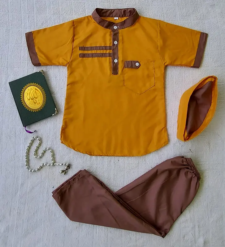 setelan baju koko anak laki-laki lengan pendek Katun Polos Kancing Muslim Peci Turki Kurta Nyaman 4
