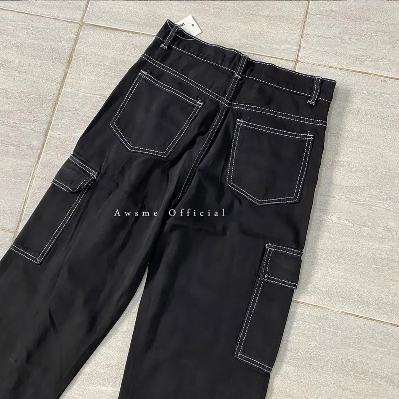 (27-34) Highwaist Loose Cargo Jeans Oreo / Celana Panjang Wanita Cewek Warna Hitam Kekinian Korean Style 2