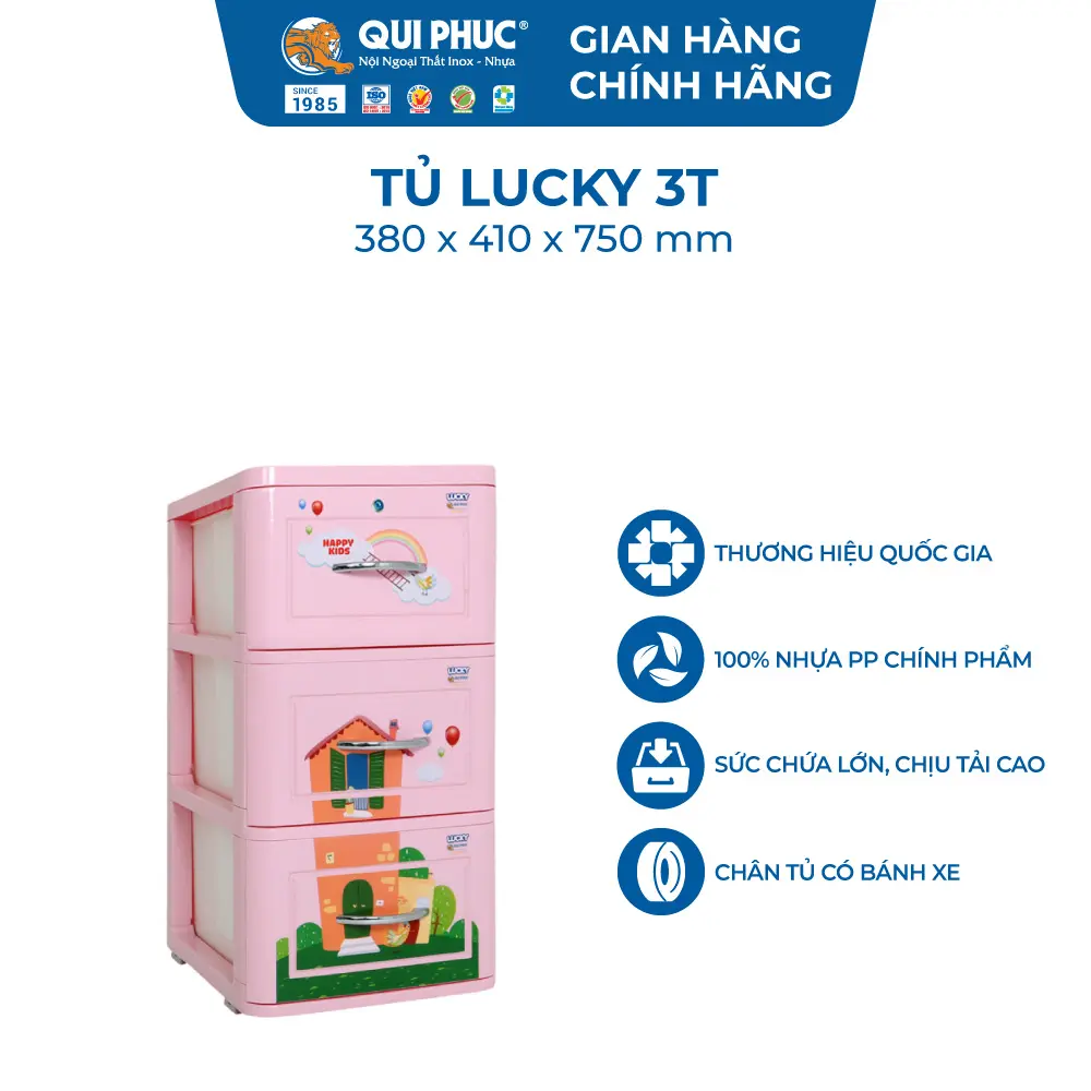 Tủ Nhựa Lucky 3 Tầng - Qui Phúc Chính Hãng - Nhựa PP Chính Phẩm, Mặt ABS Cứng Cáp, Dễ Di Chuyển, Màu Sắc Đa Dạng