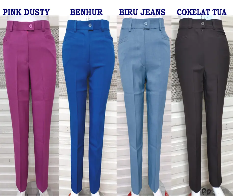 Celana Bahan Pinggang Kancing wanita Syakira Warna PInk Dusty, Benhur, Biru Jeans dan Coklat Tua Polyester Kantong Karet