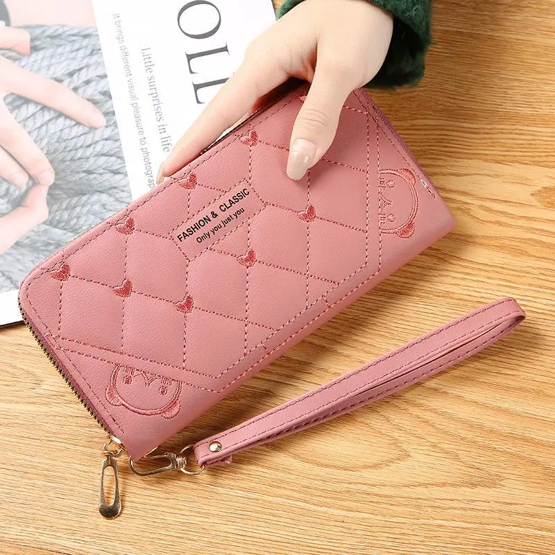 Dompet Panjang untuk Wanita, Diperbuat daripada Kulit PU, Pemegang Kad Kredit, Klac Zip, dengan Sulaman Jantung, Dompet Beg Wang, Carteras Para Mujer Bags Wristlets