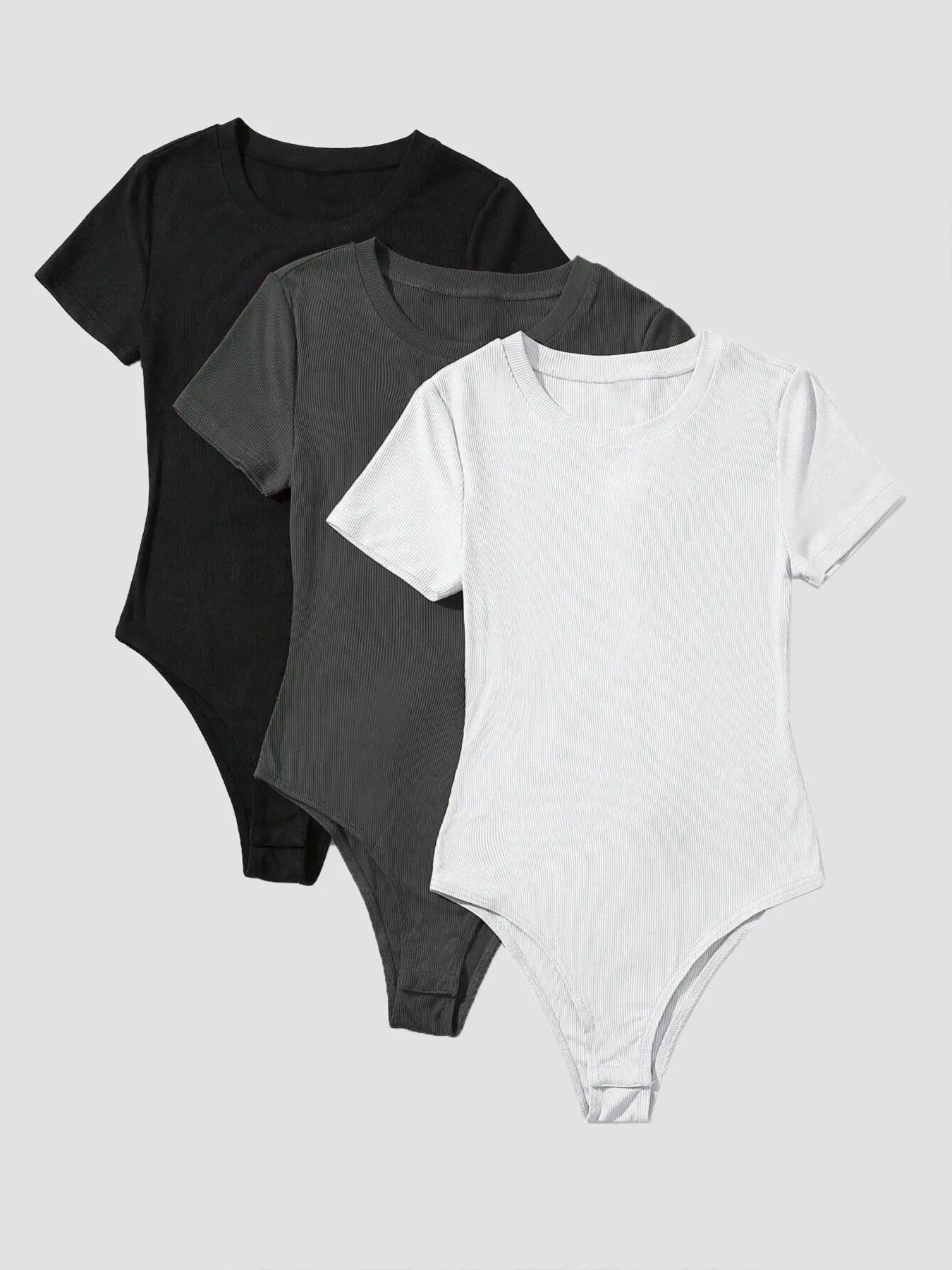 Women's Solid Round Neck Short Sleeve Bodysuit, Casual Comfy Bodysuit for Summer, Ladies Clothes for Daily Wear