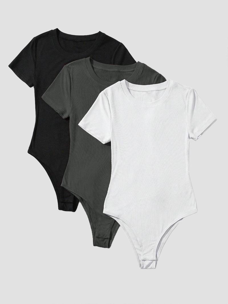 Product Introduction of Women's Solid Round Neck Short Sleeve Bodysuit, Casual Comfy Bodysuit for Summer, Ladies Clothes for Daily Wear 1