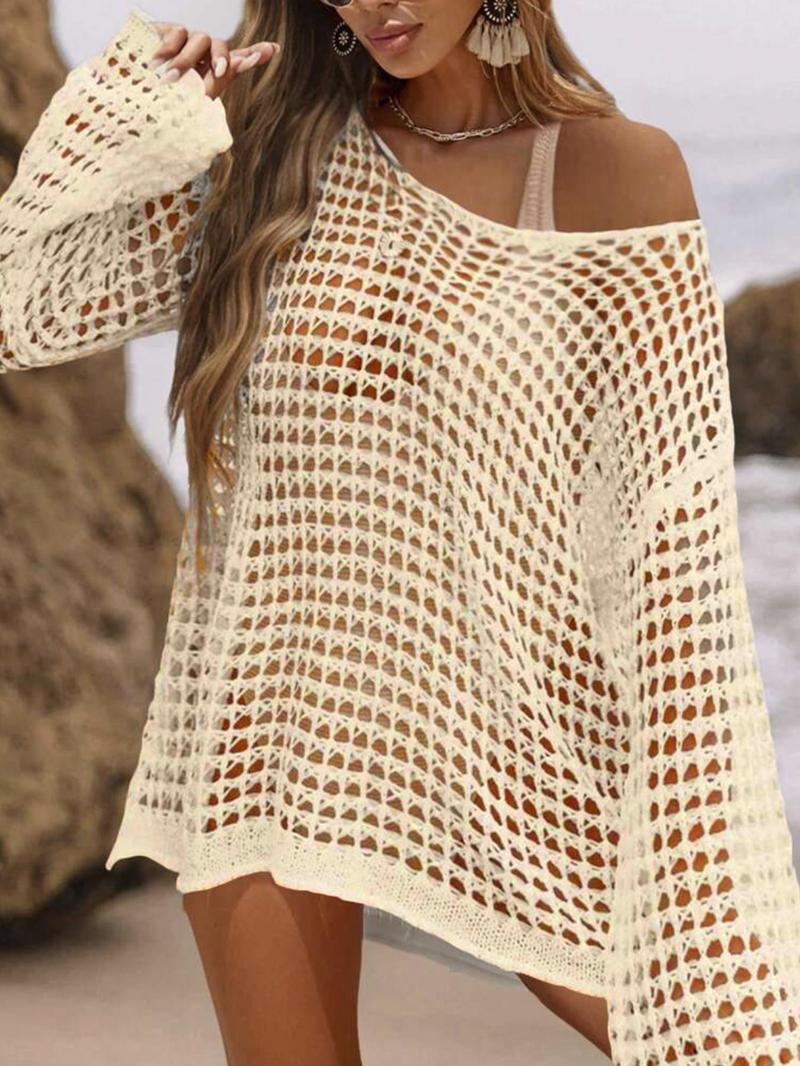 Product Introduction of Women's Solid Crochet Hollow Out Side Split One Shoulder Cover Up, Fashion Casual Drop Shoulder Long Sleeve Top for Women Beach Holiday Vacation, Women's Beach Cover Up Summer Clothing Holiday Evening Outfits 2024 15