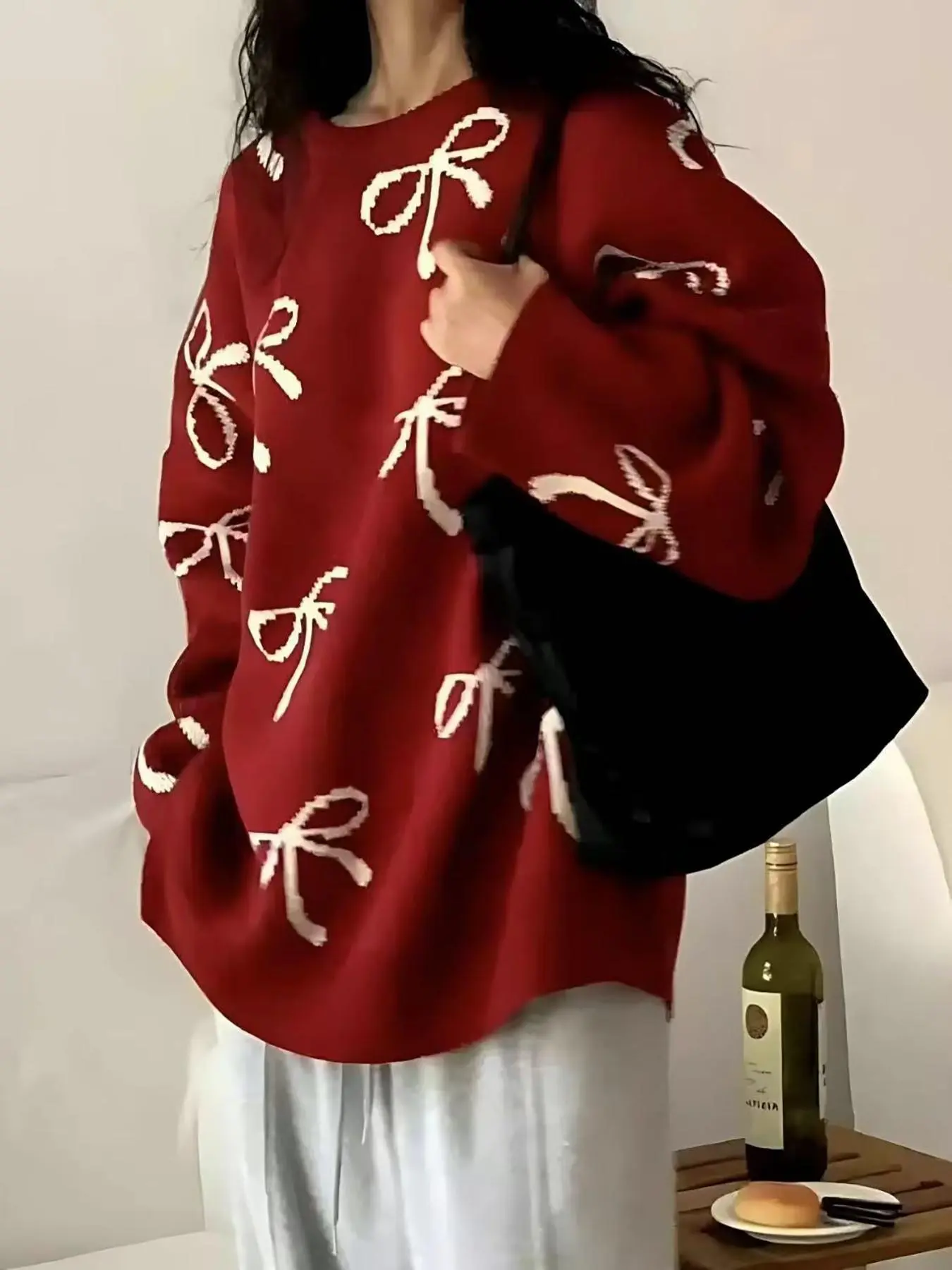 Women's Bow Print Drop Shoulder Sweater, Casual Long Sleeve Round Neck Jumper for Fall & Winter, Fashion Ladies' Knitwear for Daily Wear Valentine's Day, gift