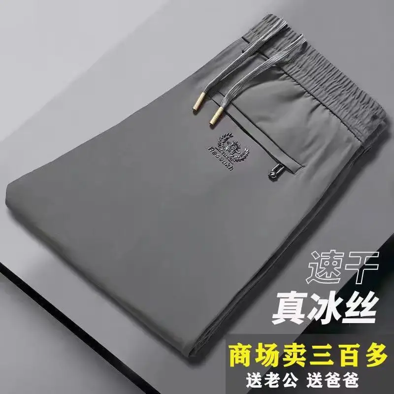 Stretch high quality ice silk trousers men's casual pants, suitable for young and middle-aged men, elastic waist, loose, sports, thin, bee menswear straight leg pants