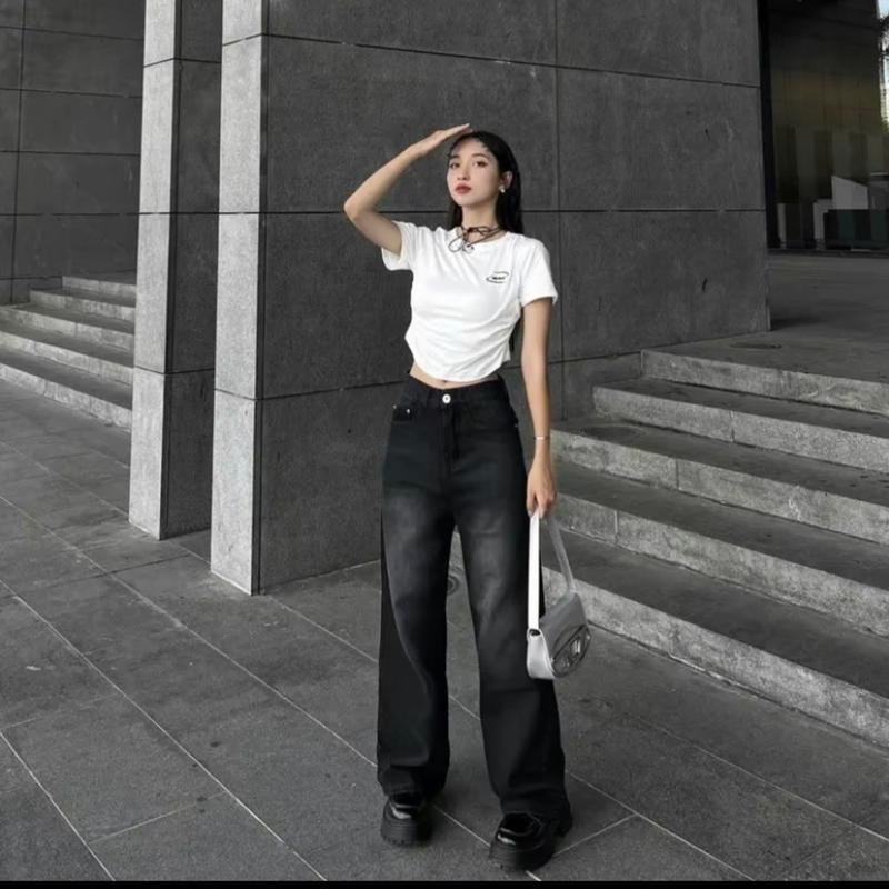 Quần Jean Nữ Ống Rộng Suông Dài 100cm Chất Bò Xám Khói Wash Bạc Nhẹ Lưng Cao Nâng Mông V111 - Kiểu Dáng Thời Trang Độc Đáo - Khuy, Lịch