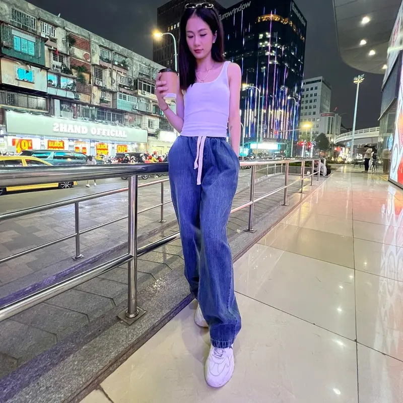Quần Jeans Nữ Lưng Chun ống Suông Dây Rút Màu Dơ Free Size Dưới 65kg Tua Rua Ong Pants Women - Xưởng may Mỹ Nhung quan  jean qc 6