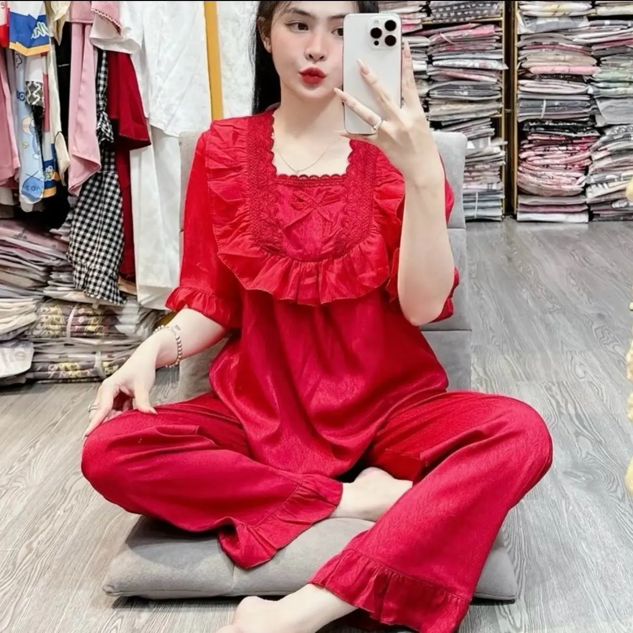 BỘ PJZAMA LỤA XƯỚC TAY NGẮN QUẦN DÀI FREE SIZE TỪ 40-60kg CUTE