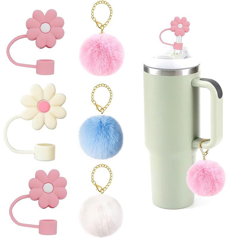 Product Introduction of Drinkware Accessories, 6pcs/set Cartoon Pattern Straw Cover, Including 3pcs Dustproof Straw Cover & 3pcs Pom-pom Pendant 7