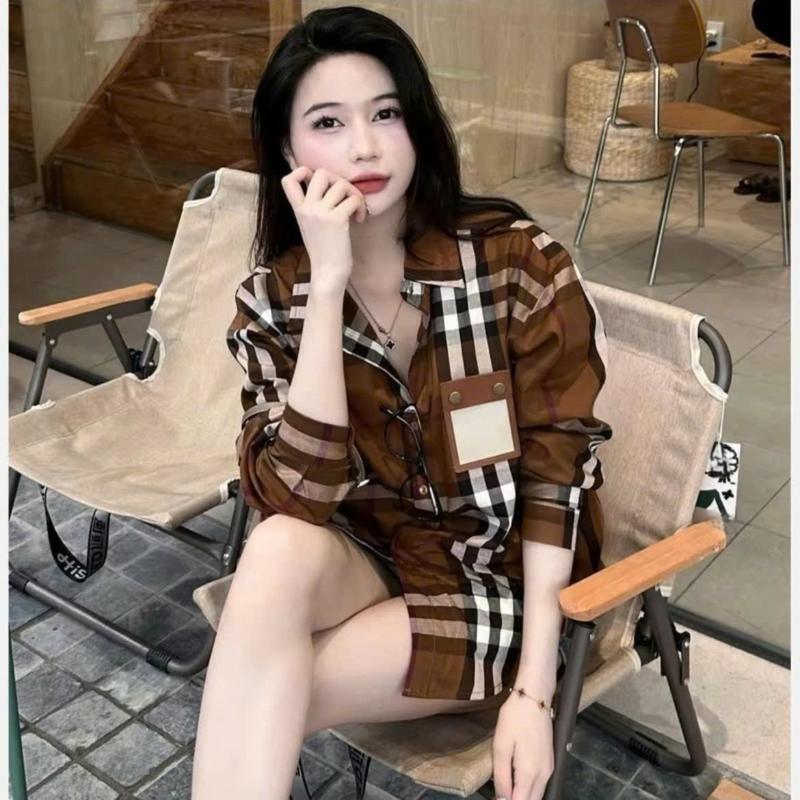 ÁO sơ mi bbr dàu tay màu nâu sang chảnh họa tiết kẻ bbr cho nữ 5