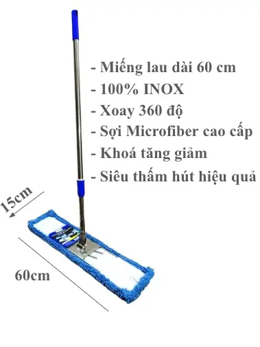 Cây lau nhà công nghiệp san hô 45cm, 60cm 100% INOX có Khoá tăng giảm cao cấp xoay 360 độ sợi Microfiber  - SẢN PHẨM đã bao gồm tấm lau 0
