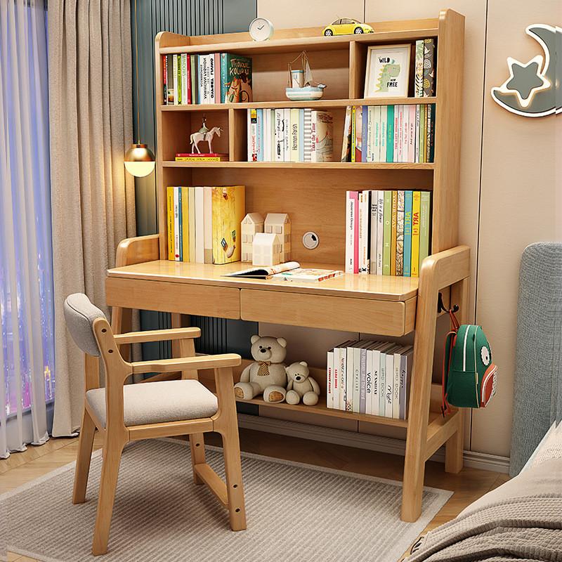 {Sg Sales} Study Table with Bookshelf Writing Desk Solid Wood Children's Study Desk Desk Bookshelf Integrated Desk Home Nordic Student Writing Desk Study table Desk with Bookshelf 1
