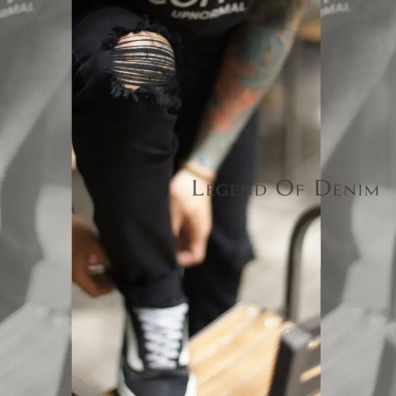 Celana Jeans Pria Handmad Bandung dengan Gaya Sobek Lutut yang Stylish Ripped Panjang Slimfit Tebal Skinny Hitam Stretch Pensil Denim Hitam celana Pendek Dewasa Distro 6