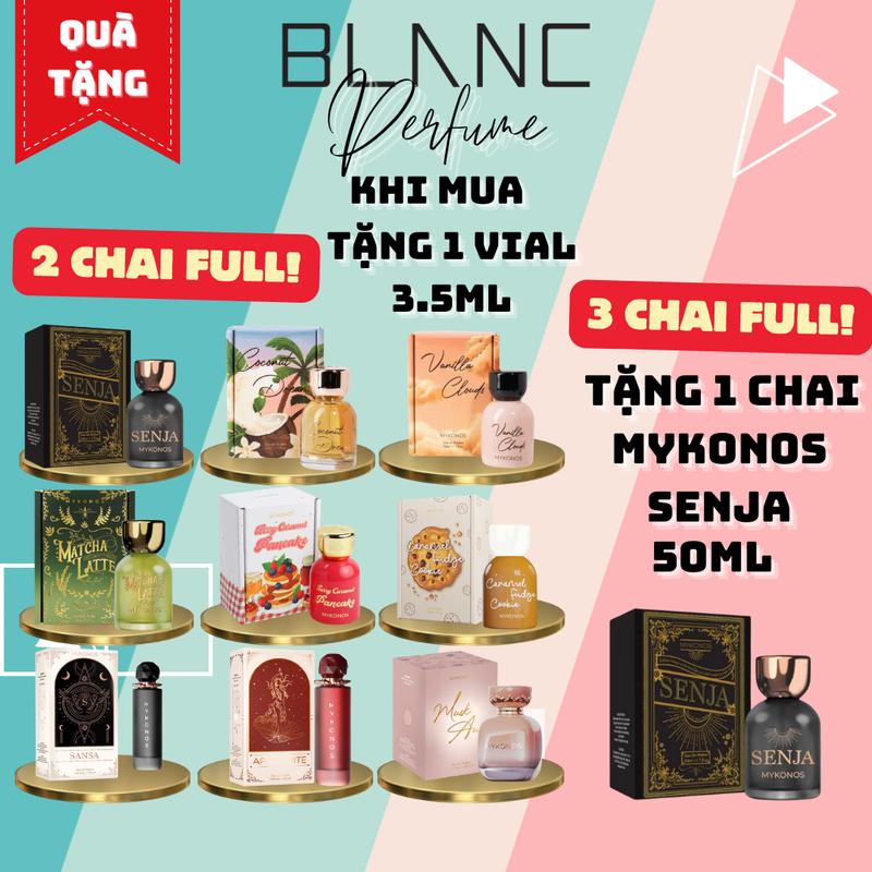 [Mua 3 Full Tặng 1] Nước Hoa Mykonos Senja EDP, Sansa EDP, Aphrodite EDP, Musk Aura EDP, Coconut Dreams EDP, Vanilla Clouds EDP, Pistachio Cream Cake EDP, Caramel Fudge Cookie EDP, Berry Caramel Pancake EDP, Matcha Latte Extrait De Parfum Perfume