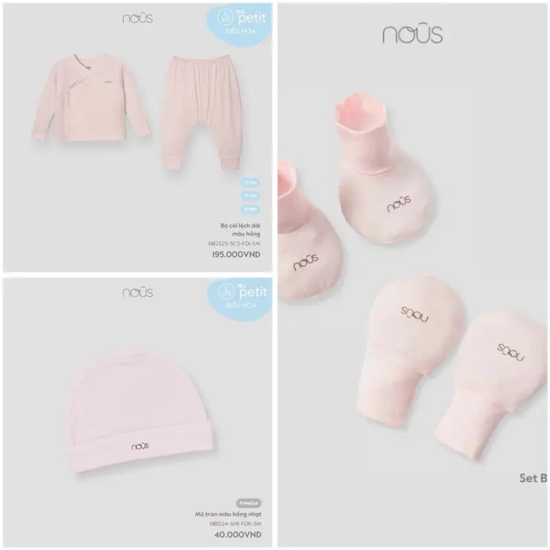 [ Nous] Set dài cài lệch Nous màu hồng nhạt cho bé sơ sinh gồm mũ và tay, bao chân, size 0-3M. Chất vải peptit mềm mại và thấm hút mồ hôi tốt.