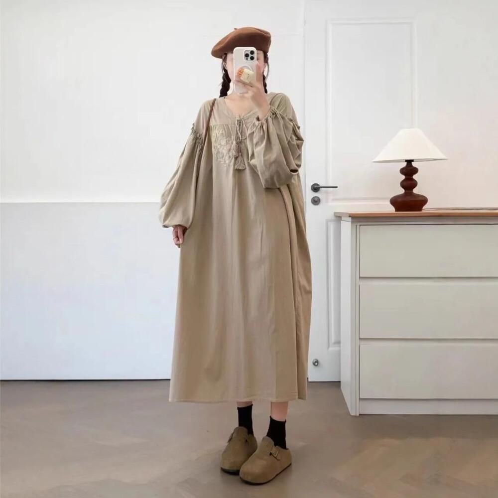 CHICMORE Gaun longgar lengan panjang dengan rok midi dan gaya anggun