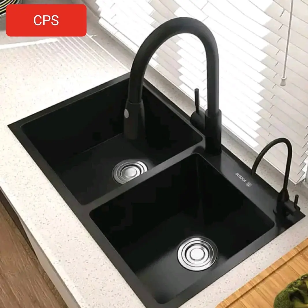 Kitchen Sink Black 8245 Bak Cuci Piring Hitam 2 Lubang Stainles Kran