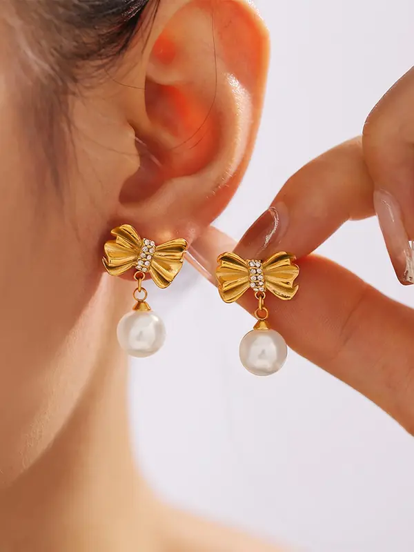 Faux Pearl & Rhinestone Decor Bow Design Dangle Earrings, Elegant Vintage Jewelry for Women, Trendy All-match & Exquisite Jewelry for Birthday Gift 5
