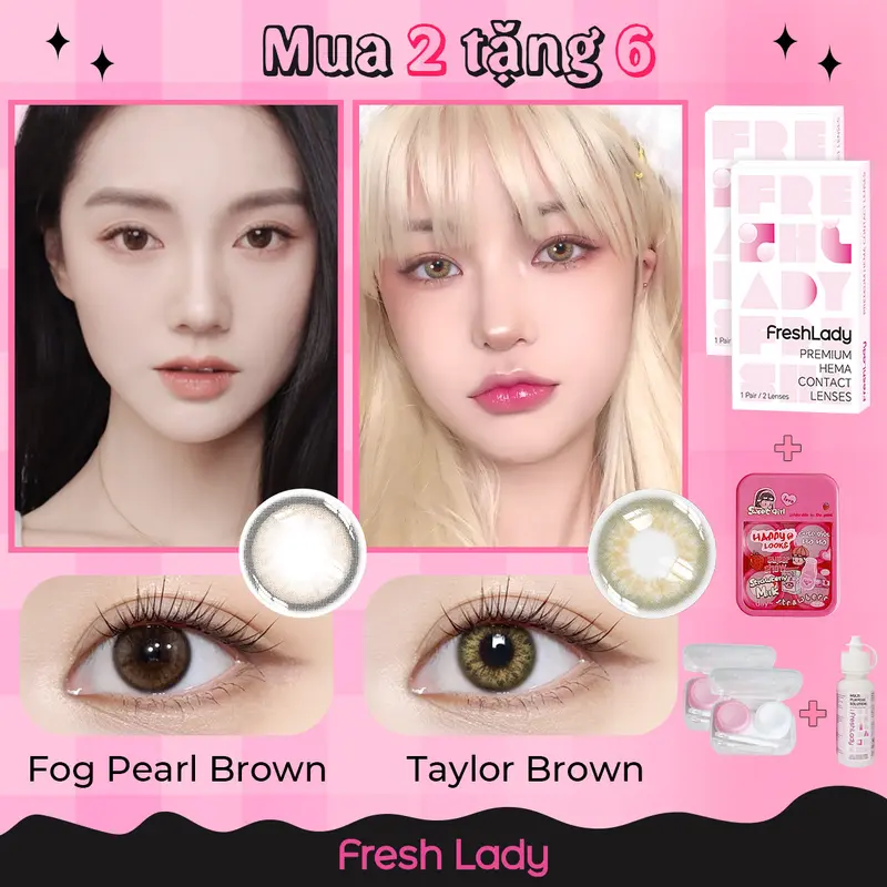 Lens kính áp tròng Fresh Lady được 6 sản phẩm màu nâu xám đen 6 tháng 0 độ làm cho đôi mắt to hơn  nửa năm 1
