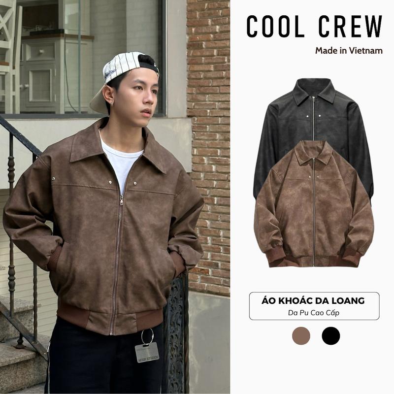 Áo Khoác Da Loang Nâu/ Đen Coolcrew Unisex Cổ Bẻ Khóa Kéo Phong Cách Retro Đường Phố