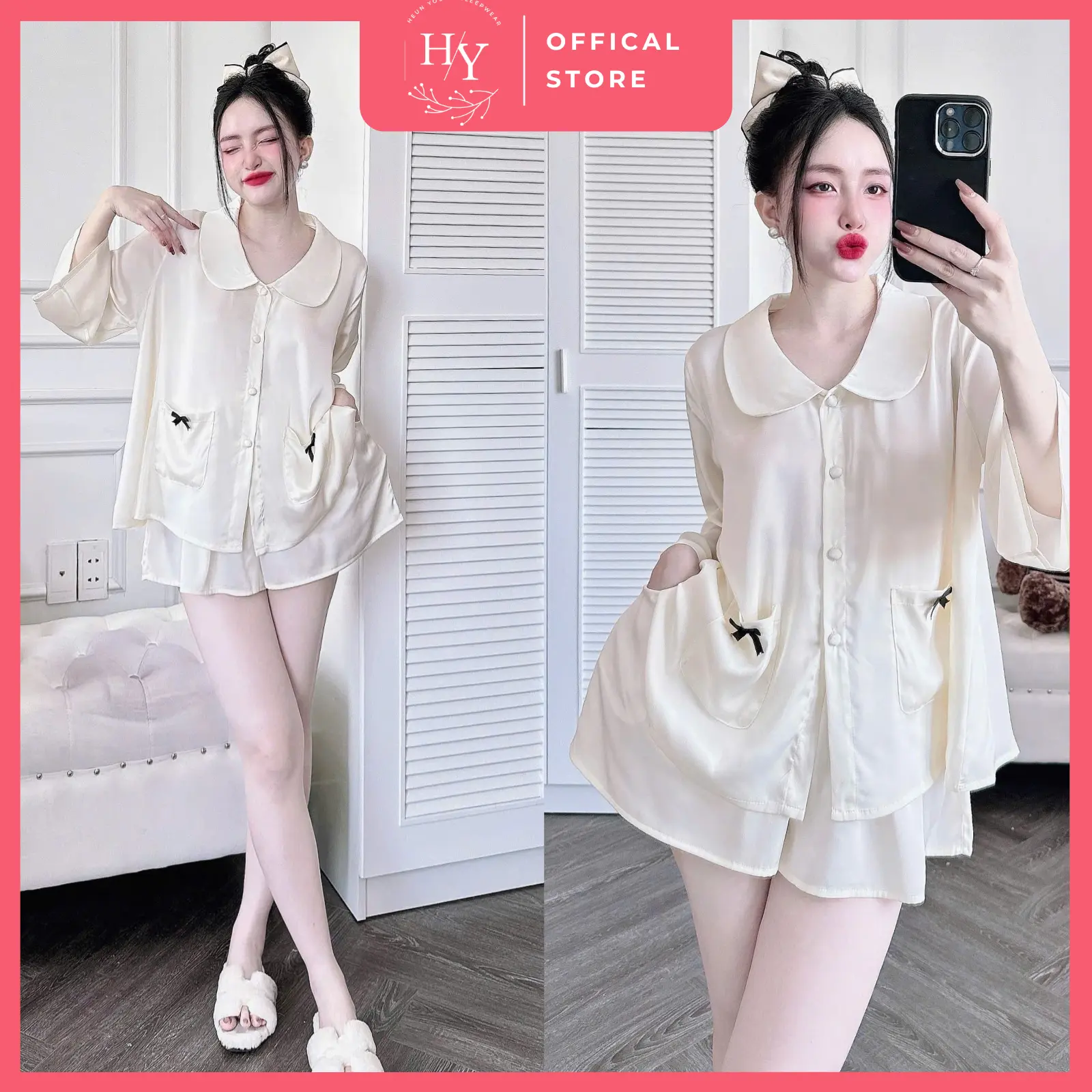Đồ Ngủ Pijama Lụa HEUN YOUNG Bộ Đồ Pijama Áo Cổ Sen Tay Lửng Quần Đùi Lụa Latin Mềm Mịn Freesize 45-65kg Women Nữ Kem