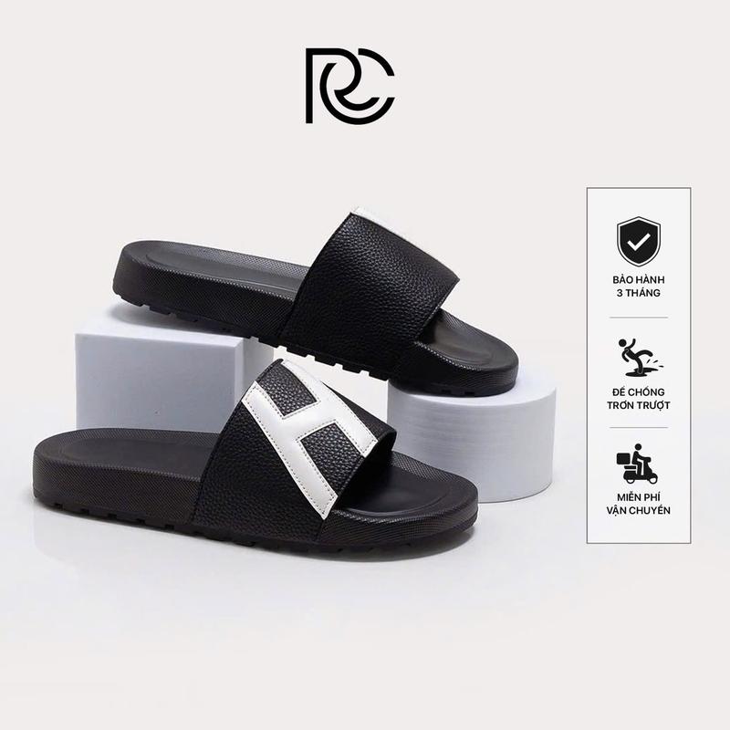 NEW DéP Lê Dép Da Nam Quai Ngang Chữ H Trẻ Trung Da Microfiber Hạt Đế Cao Su 3CM. Size 37-44 RC017 Slipper Đế Bằng DéP Đồng