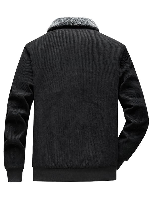 Men's Solid Zip Up Thermal Lined Corduroy Jacket, Regular Fit Long Sleeve Collared Zip Front Outerwear for Fall & Winter, Men's Clothes for Daily Wear 3