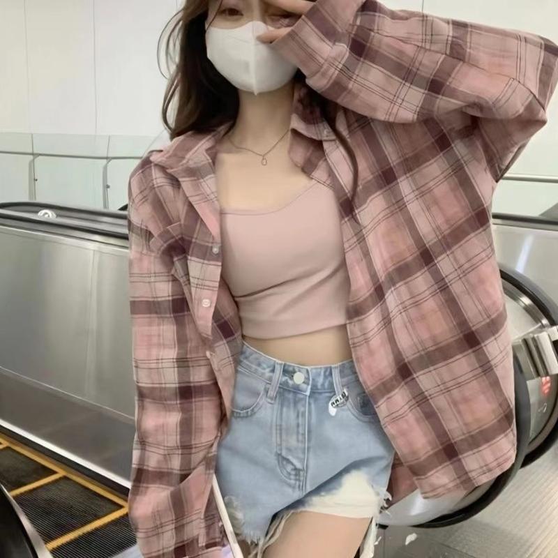 Áo Khoác Sơ Mi Kẻ Sọc, Cổ Polo Màu Hồng Phổ Biến Quần Áo Nữ, Áo Dài Trung Bình Dài Tay, Hàng Mới Về Mùa Xuân Hè 2024 5