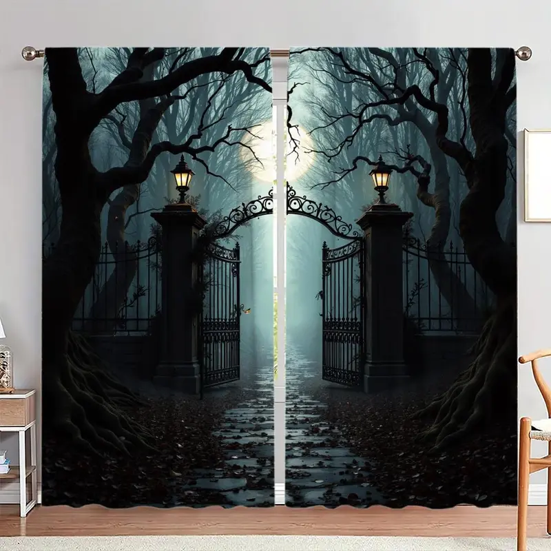 Moonlight Forest Pattern Door Curtain, 1 Set Halloween Themed Door Curtain, Home Decor for Living Room Bedroom, Vanity Decor Accessories 0