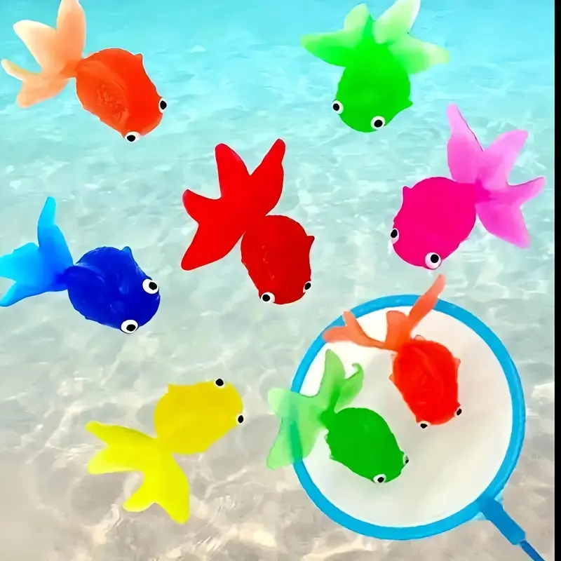 Random Color Floating Fish Toy & Fishing Net Set, 11pcs/set Soft Rubber Fish Toy & Fishing Net, Summer Party Decoration Supplies 4