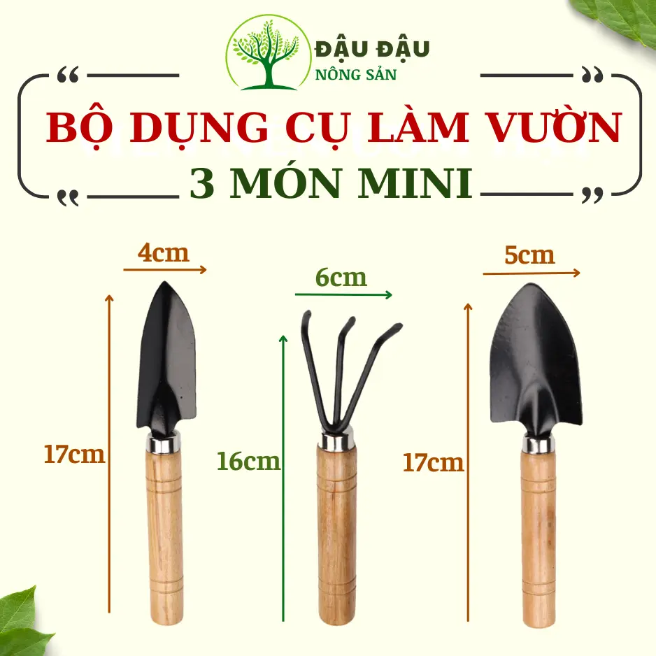 Bộ dụng cụ làm vườn mini 3 món - Cán gỗ, lưỡi thép