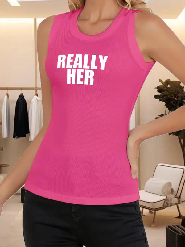 Women's Letter Print Round Neck Tank Top, Casual Sleeveless Crew Neck Top for Summer, Ladies Clothes for Daily Wear, Socks 0