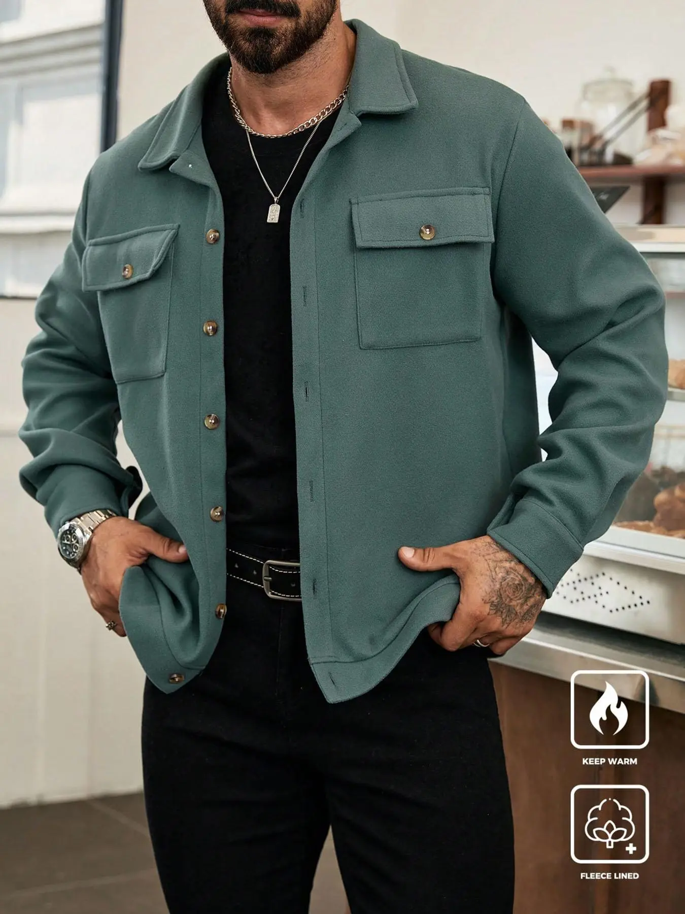 Men's Solid Button Front Pocket Jacket, Regular Fit Casual Long Sleeve Collared Outerwear for Fall & Winter, Men's Clothes for Daily Wear
