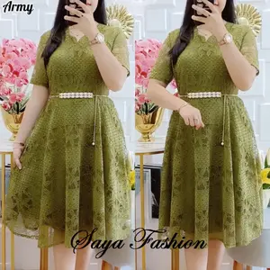 Dress Brokat Polos Non Gliter Free Belt Mutiara Gaun Pesta Kondangan Mewah 5150