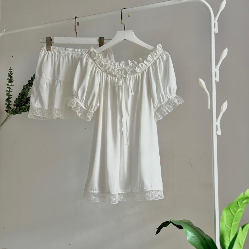 Bộ Đồ Ngủ, Áo Cổ Bèo Tay Ngắn Quần Ngắn Cho Nữ, Chất Liệu Lụa, Mền, Mịn Mát, TN02 Women Trắng macnha  set 7