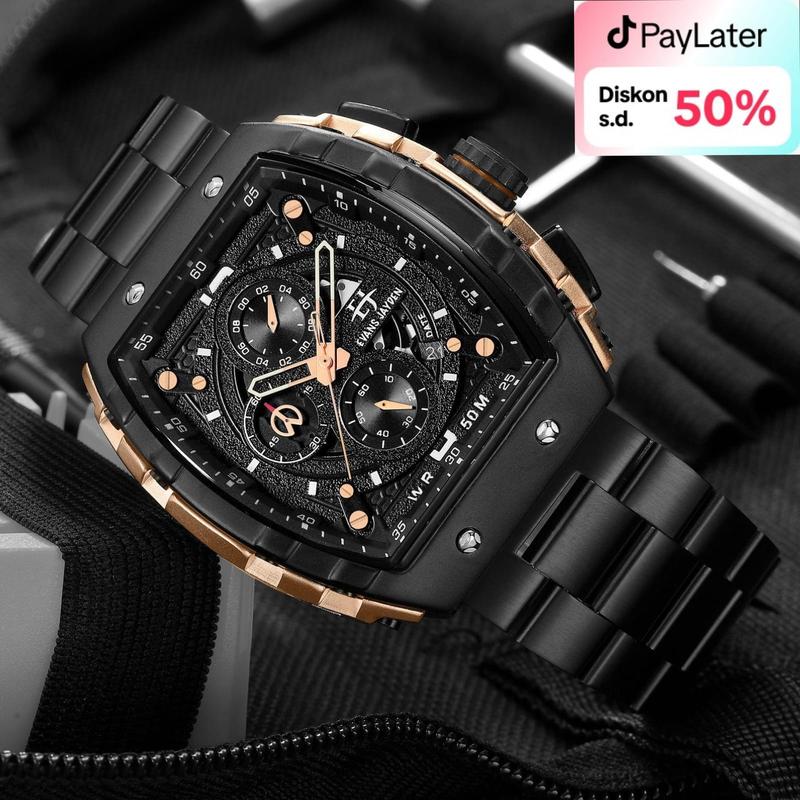 DISKON jam tangan  !! Evans Jayden Jam Tangan Pria 9554-1 Rantai Stainless Steel Kaca Sapphire Chronograph Water Resistant 5ATM Air Bahan Watches Waterproof 7