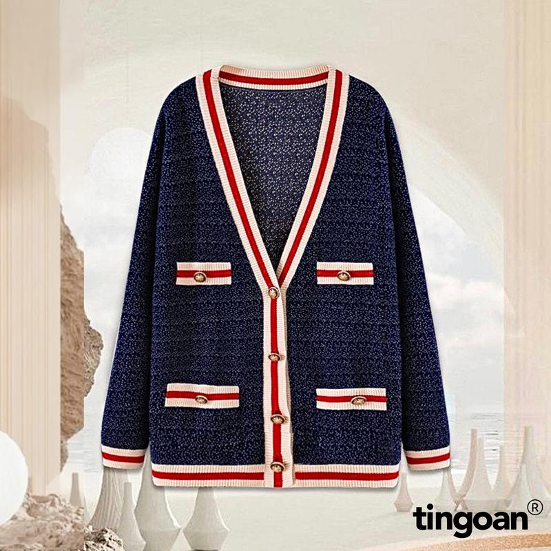 TINGOAN - Áo khoác cardigan len xù mint viền RAINBOW BABY CARDIGAN DEEP BLUE