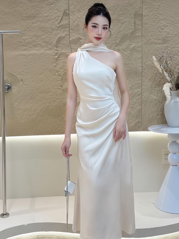 Đầm lụa dự tiệc cưới Y14 đầm thiết kế cổ yếm lệch vai dáng dài sang chảnh dành cho nữ hẹn hò du lịch vải dày mịn dẹp - Akara Closet top women - Dress Voi Voan