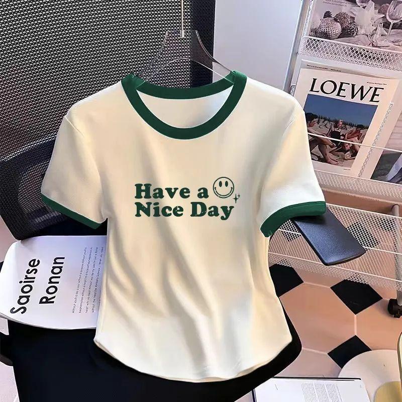 Product Introduction of Áo Thun Ngắn Tay Chỉ Dệt Cho Nữ, Trang Phục Mùa Hè, Mỏng Vừa Vặn, Hiệu Ứng Bó Sát Thiết Kế Khối Màu Bất Đối Xứng Có Thể Mặc Ngoài Trời, Thời Trang, Áo Cánh Thiết Kế Chữ Cái, Thời Trang 6
