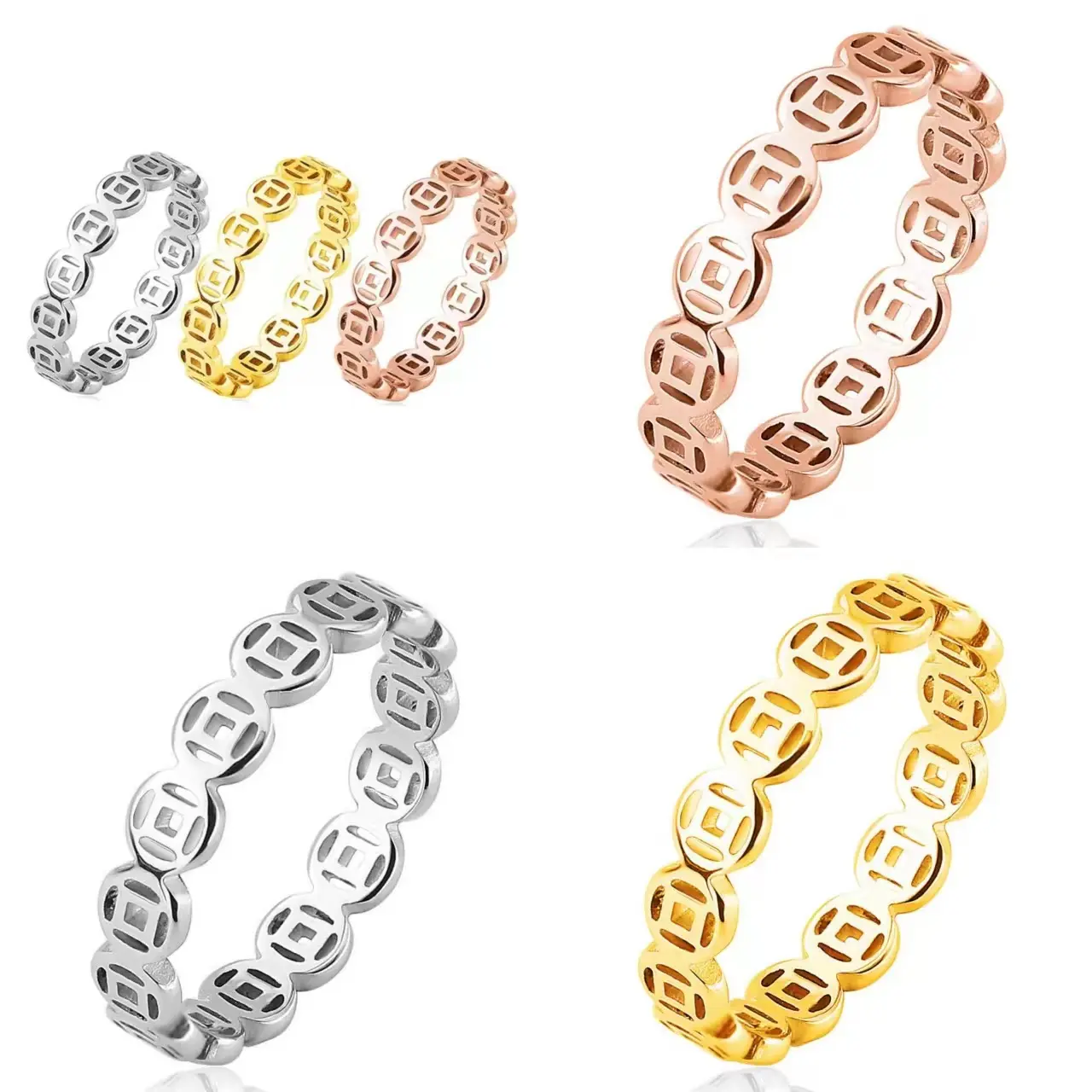 Vintage Copper Coin Ring Stainless Steel Lucky Money Multi-Fortune Lucky Ring Titanium Steel 18K Gold Index Finger Men and Women Little Finger Ring