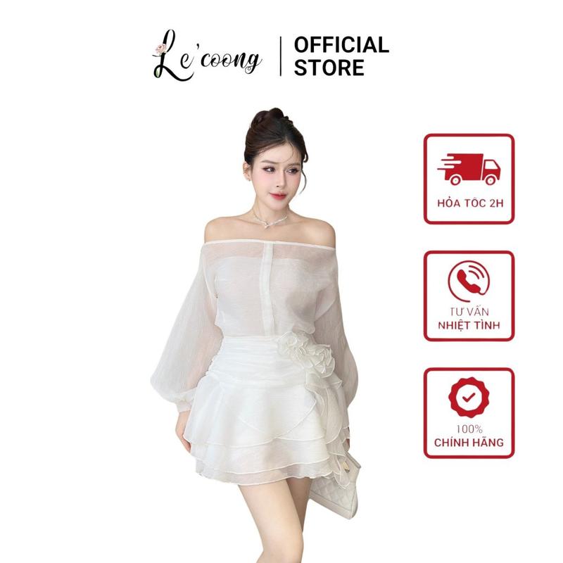 Set Áo Và Váy Đẹp Trễ Vai Dáng Ngắn LECOONG B132 Đầm Phối Hoa Tơ Màu Đen Trắng